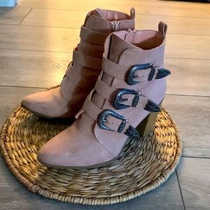 Pink ankle booties with buckles